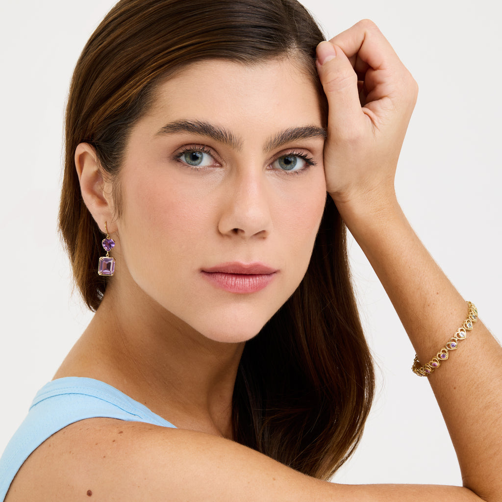 Brinco Pêndulo Ametista Ouro Amarelo